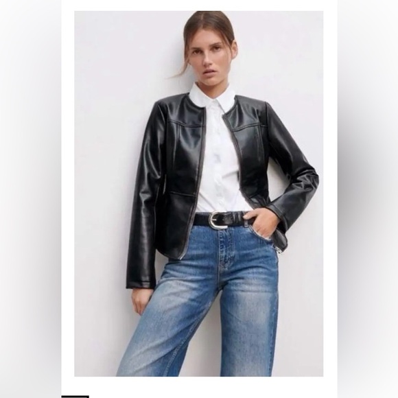 ZARA Faux Leather Moto Biker Collarless Jacket Edgy Career Black Size Small - Picture 1 of 10